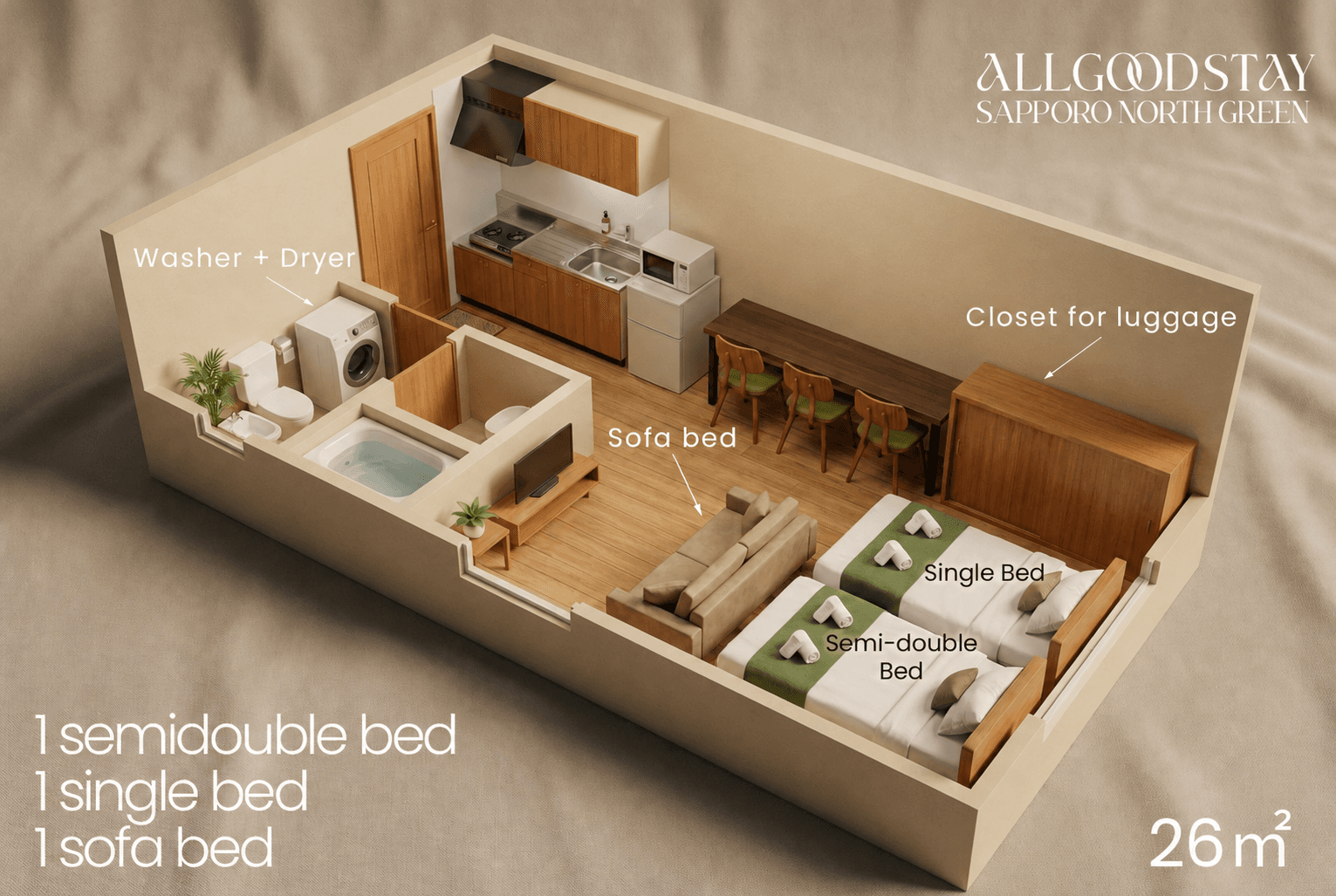 Smart 26㎡ studio with 3 beds, kitchenette, and in-room washer/dryer