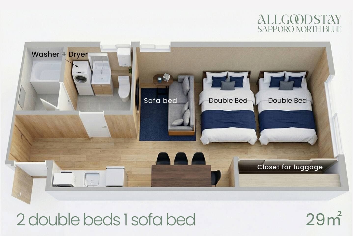 2 double beds + 1 sofa bed with bedding