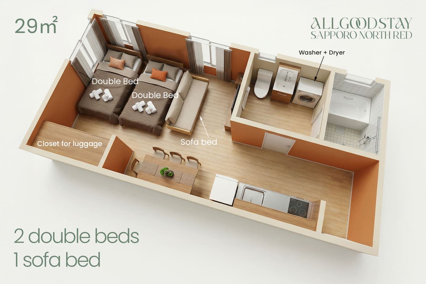 Spacious Studio with Kitchen, Dining, and Living in One
Enjoy a well-designed open-plan room featuring beds, sofa, dining table, and full kitchen—perfect for long stays or working remotely.