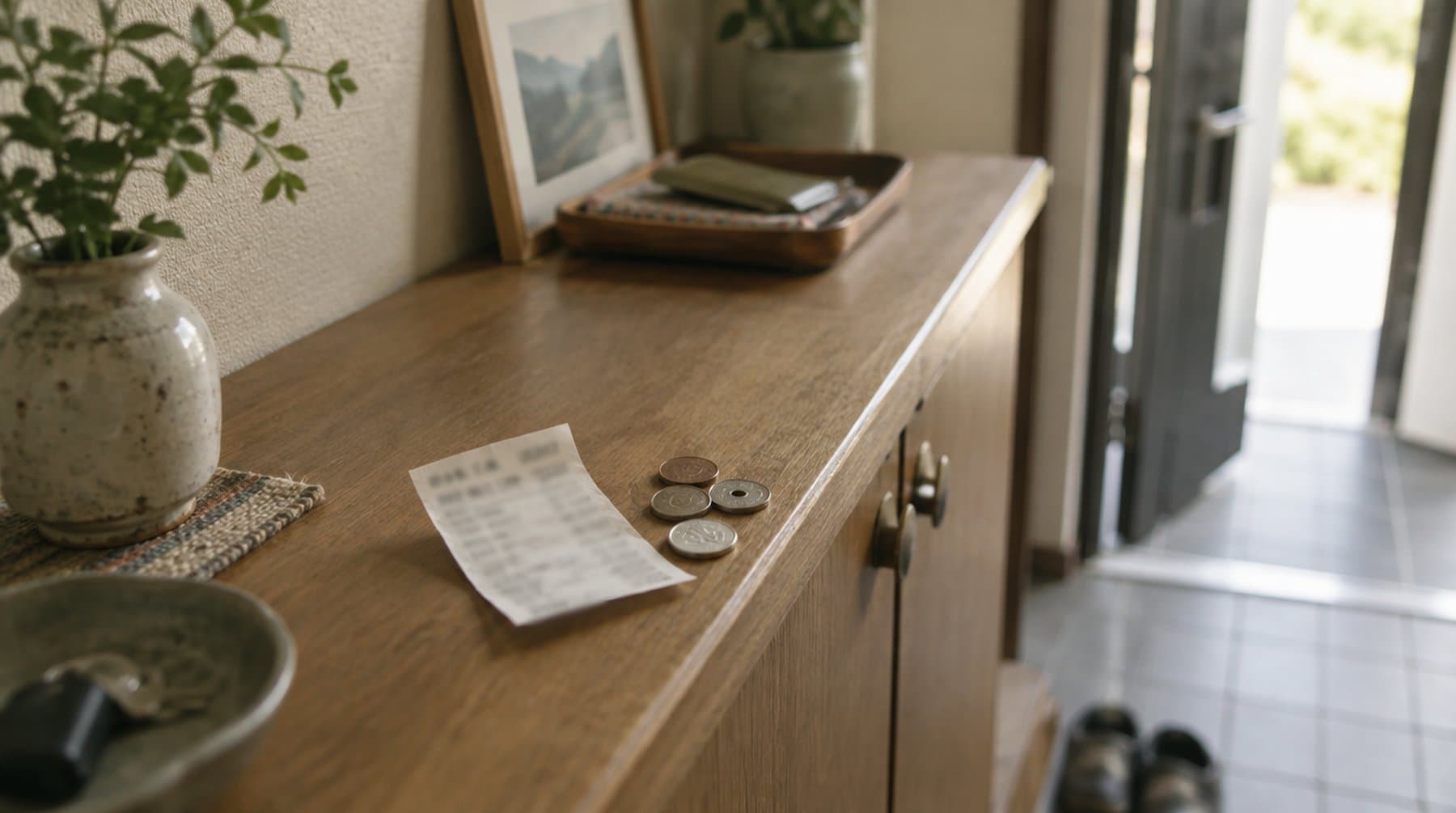 A small receipt and a few coins on an entryway shelf