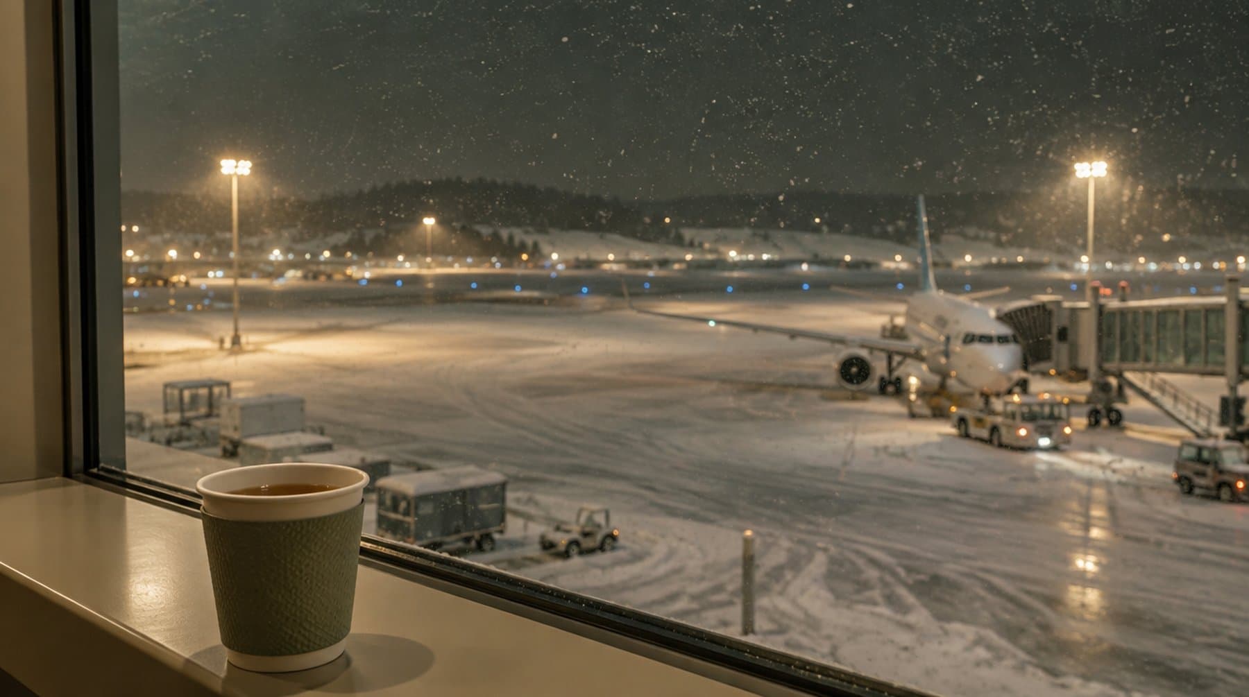 An airport window at night with snow falling over a quiet runway