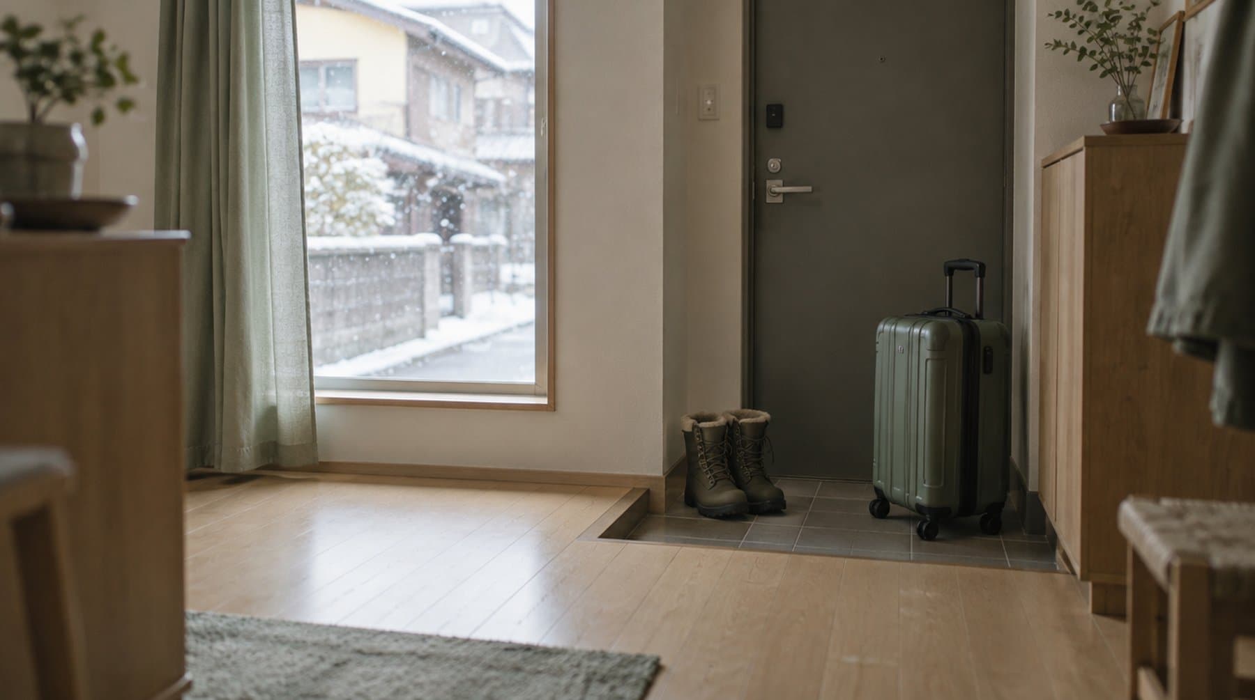 A suitcase by an apartment door with snow visible through the window