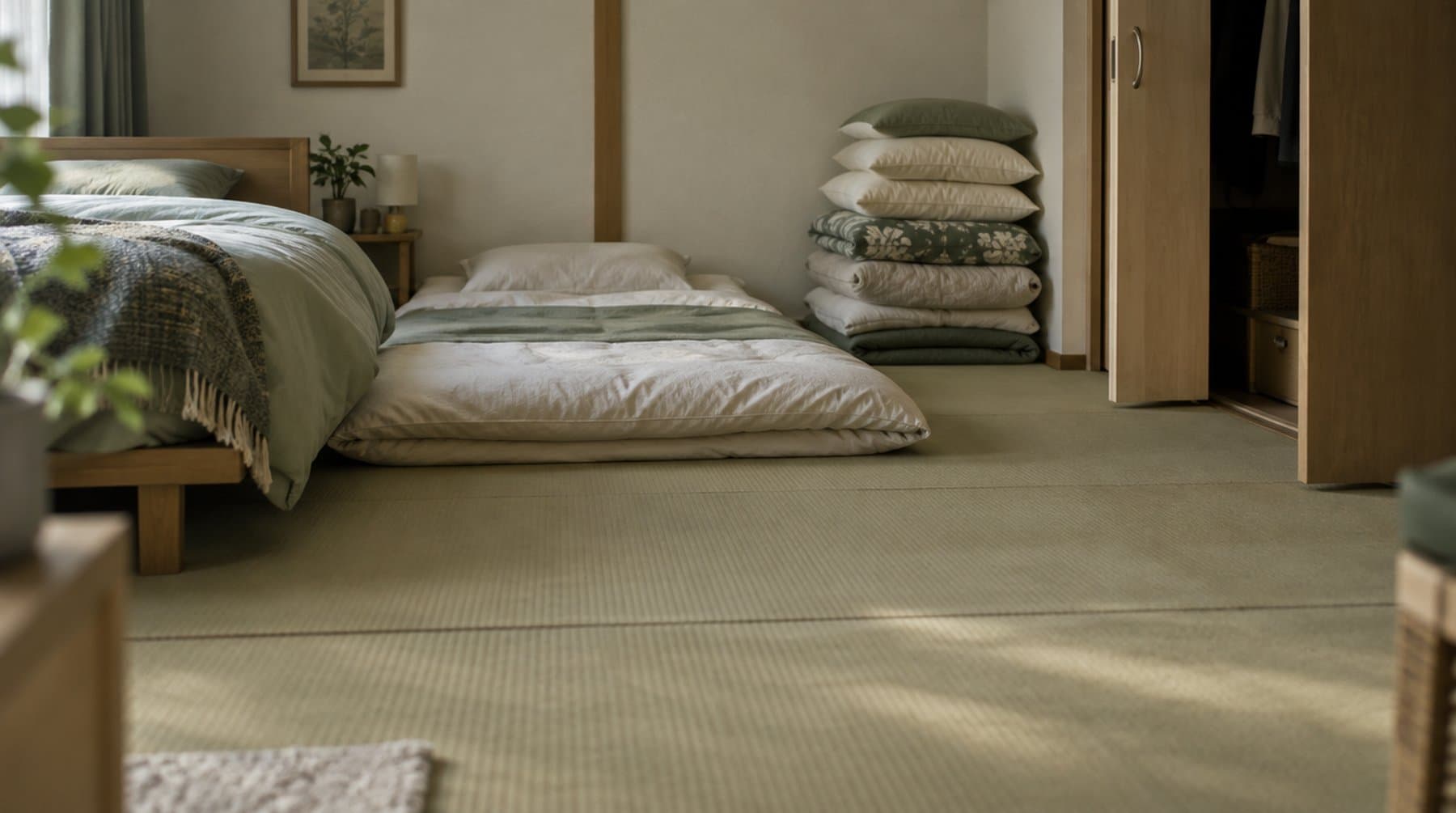 A quiet bedroom with a futon laid out on the floor beside a low bed and spare pillows and blankets stacked against the wall