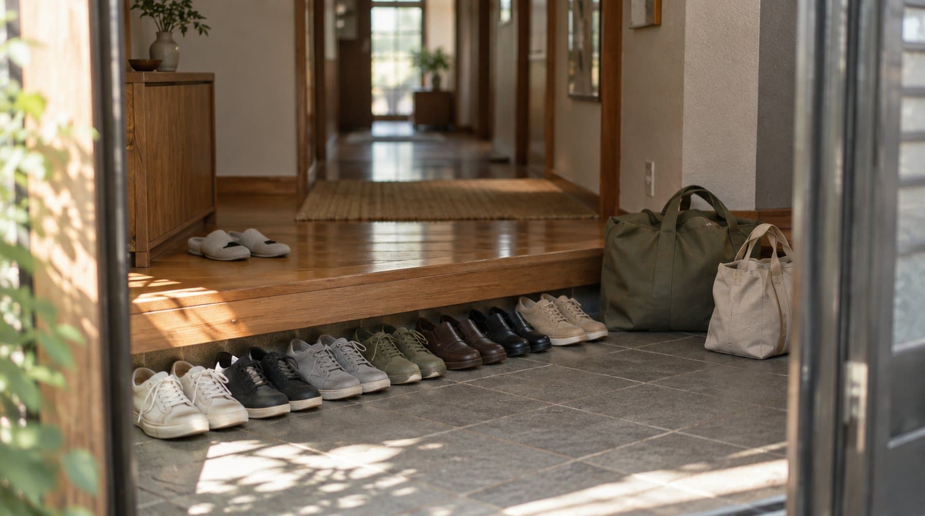 Several pairs of shoes lined up along the step of a Japanese entrance hall with travel bags set down beside them