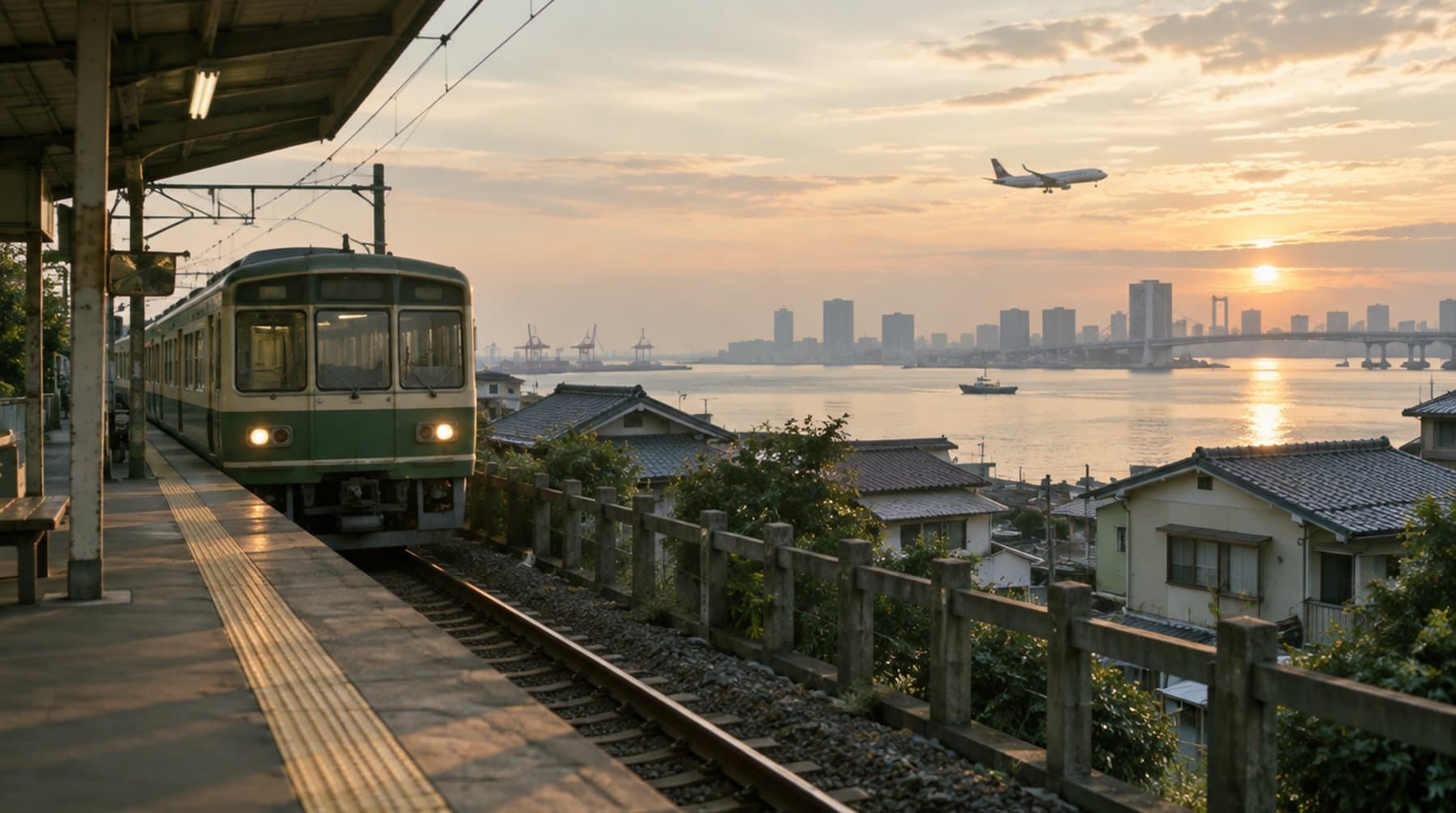A train arriving at a small platform at dawn, an aeroplane behind