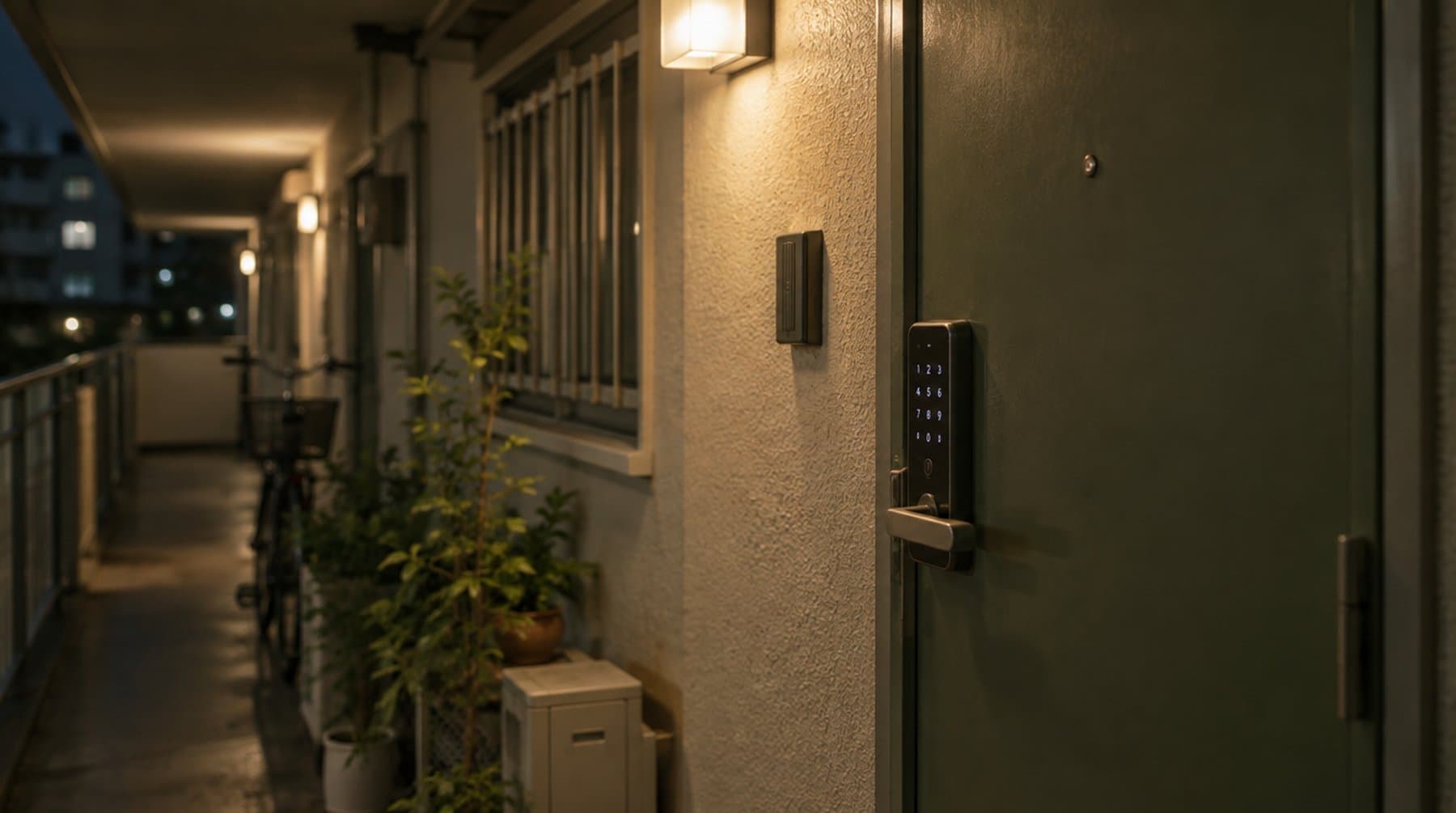 A keypad lock on an apartment door under a porch light at night