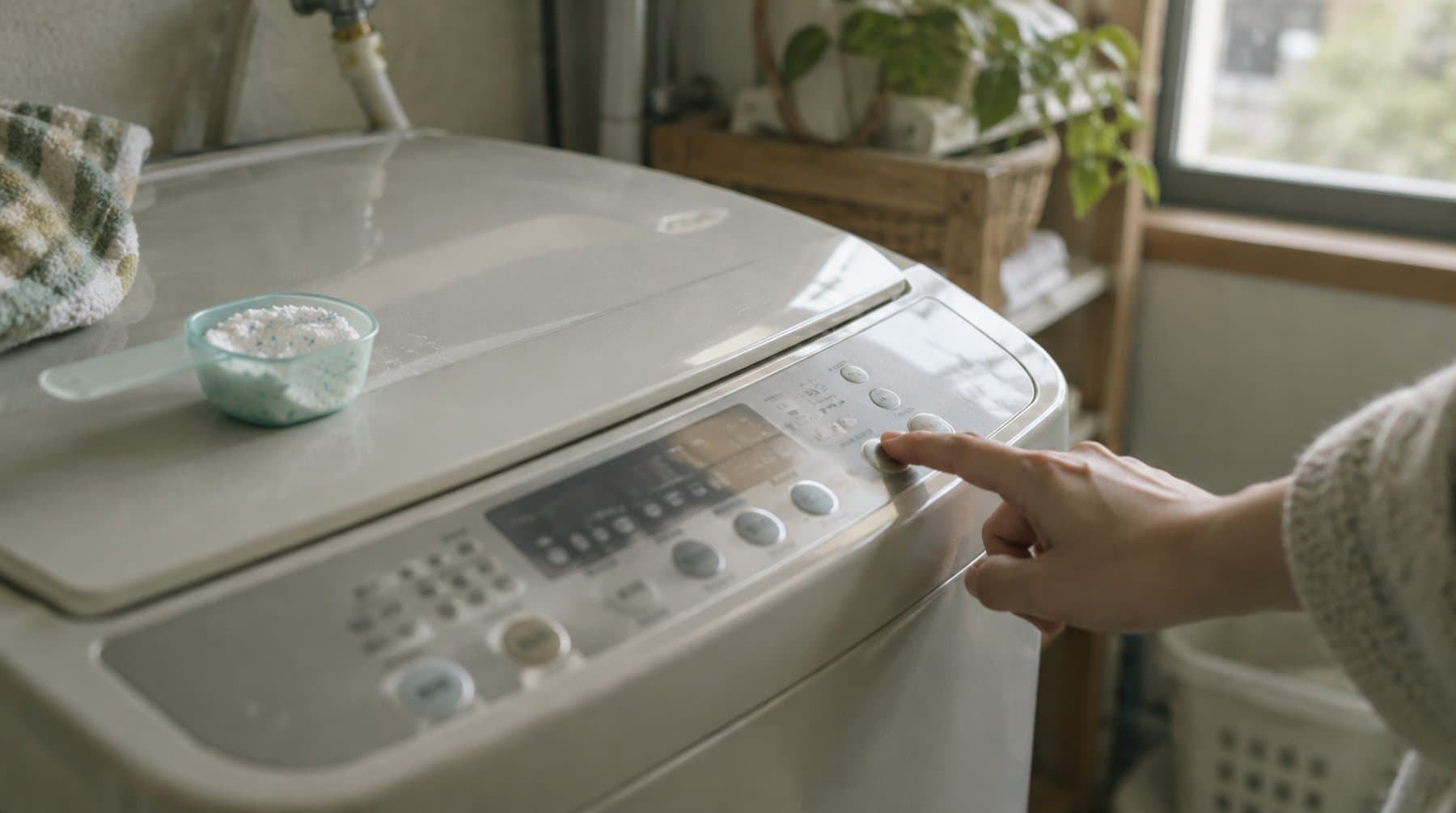 A hand pressing a button on a washing machine control panel, a scoop of detergent on the lid