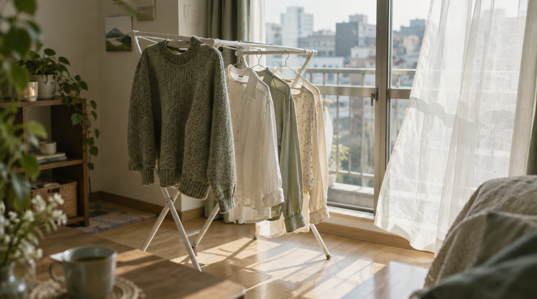 A wool sweater and light shirts on a folding drying rack by a sunny window