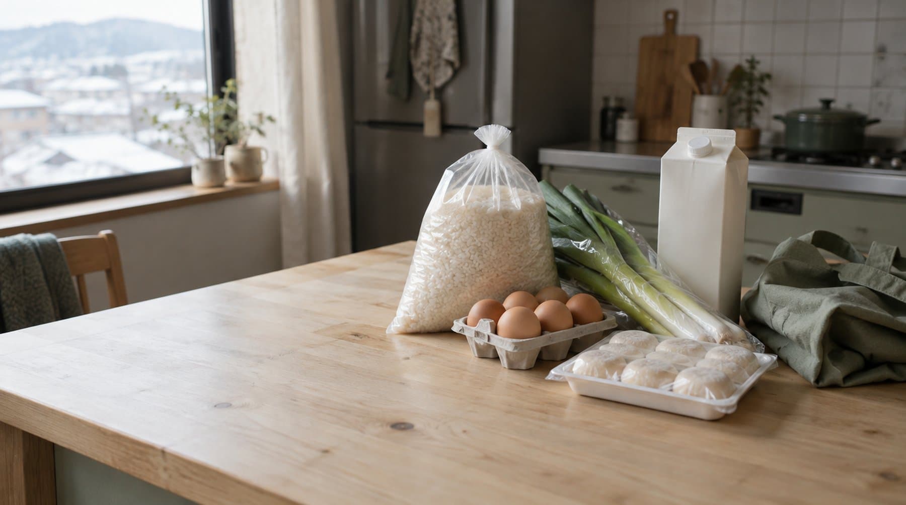 Rice, leeks, eggs, milk and a tray of rice cakes unpacked on a wooden kitchen counter in winter light