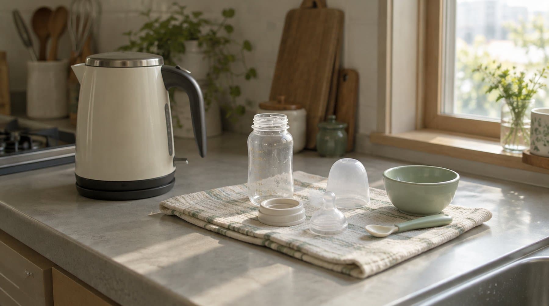 An electric kettle on a kitchen counter next to a baby bottle taken apart to dry on a cloth