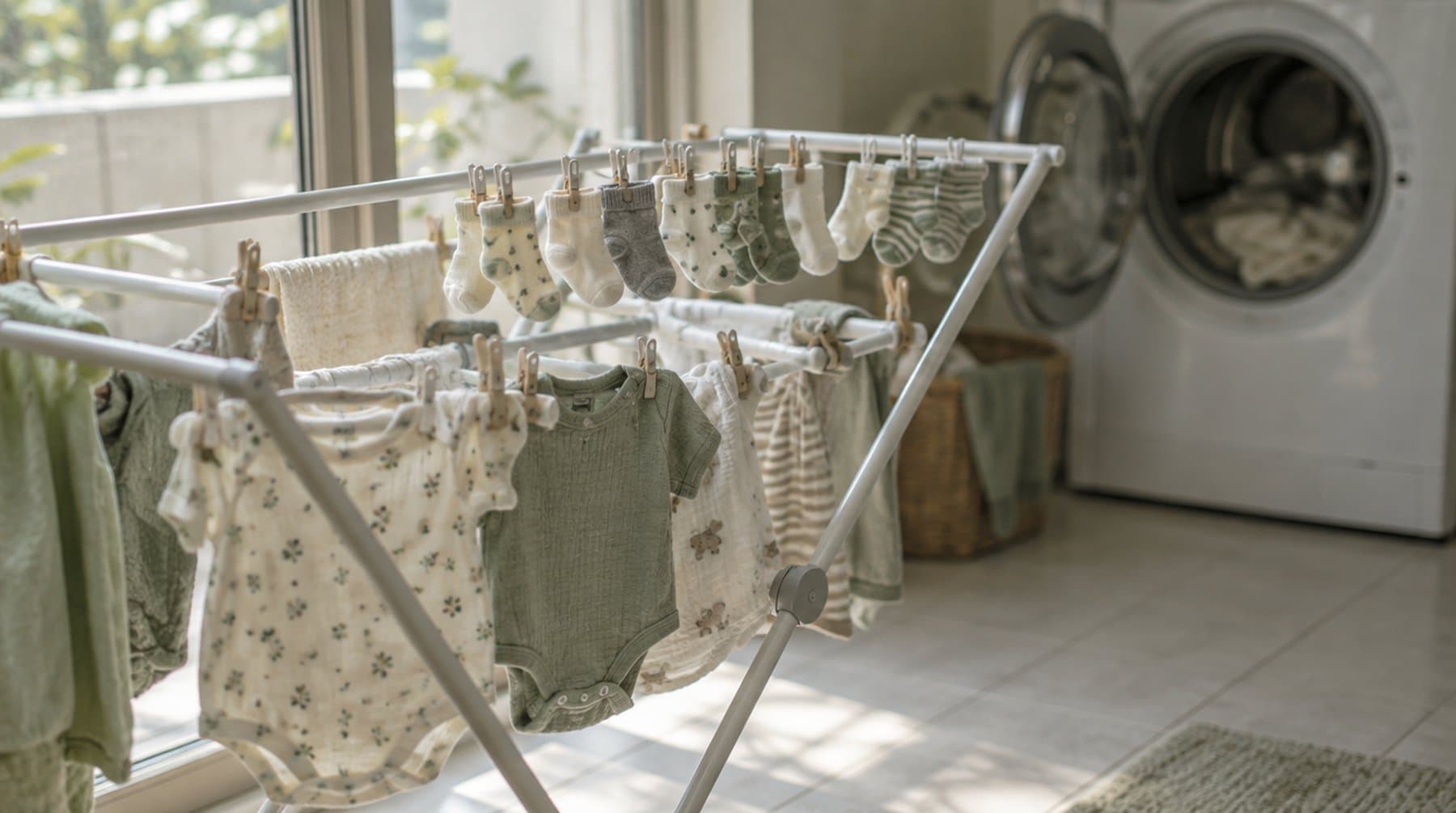 Small baby clothes and socks drying on an indoor rack by a window, a washer dryer behind them
