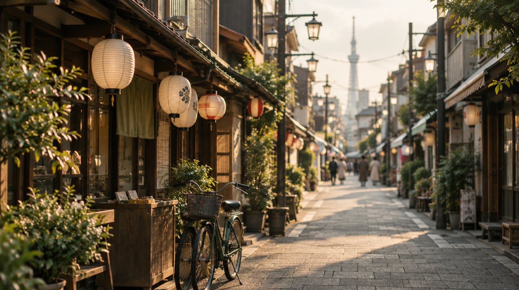 A shitamachi shopping street with paper lanterns in the afternoon