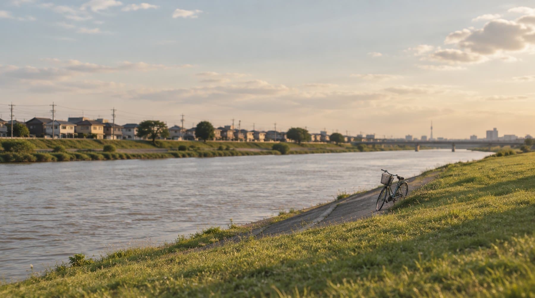 A grassy river embankment in eastern Tokyo in the late afternoon