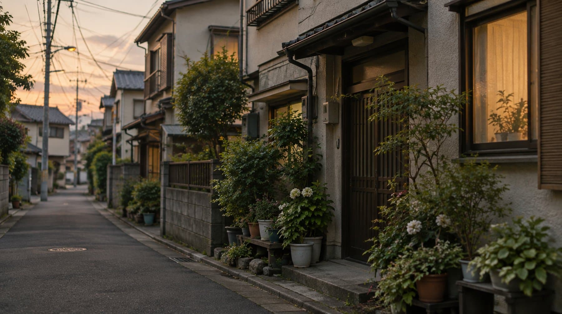 A narrow residential street in eastern Tokyo at dusk