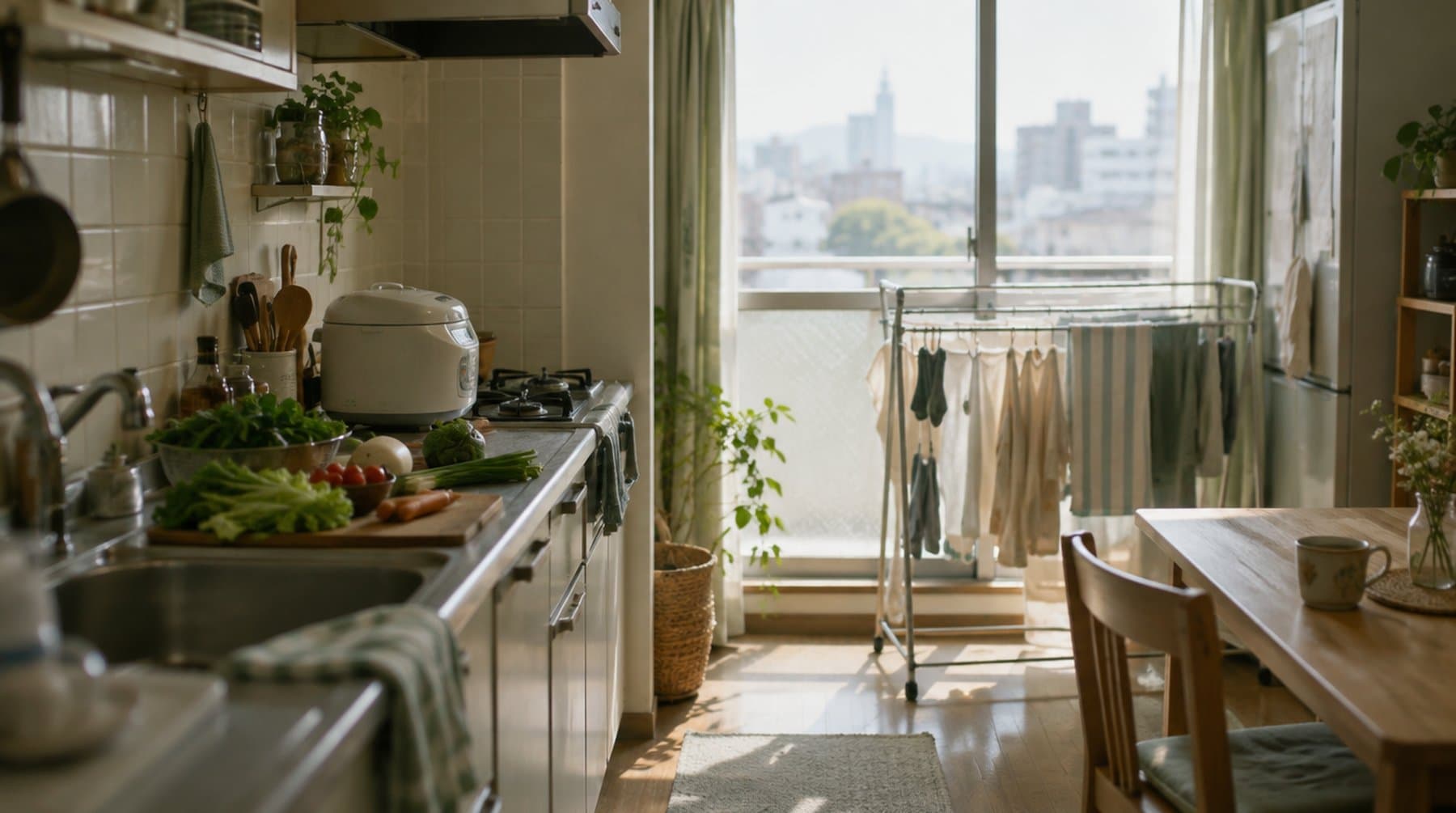 A compact kitchen with a rice cooker and laundry drying by the window
