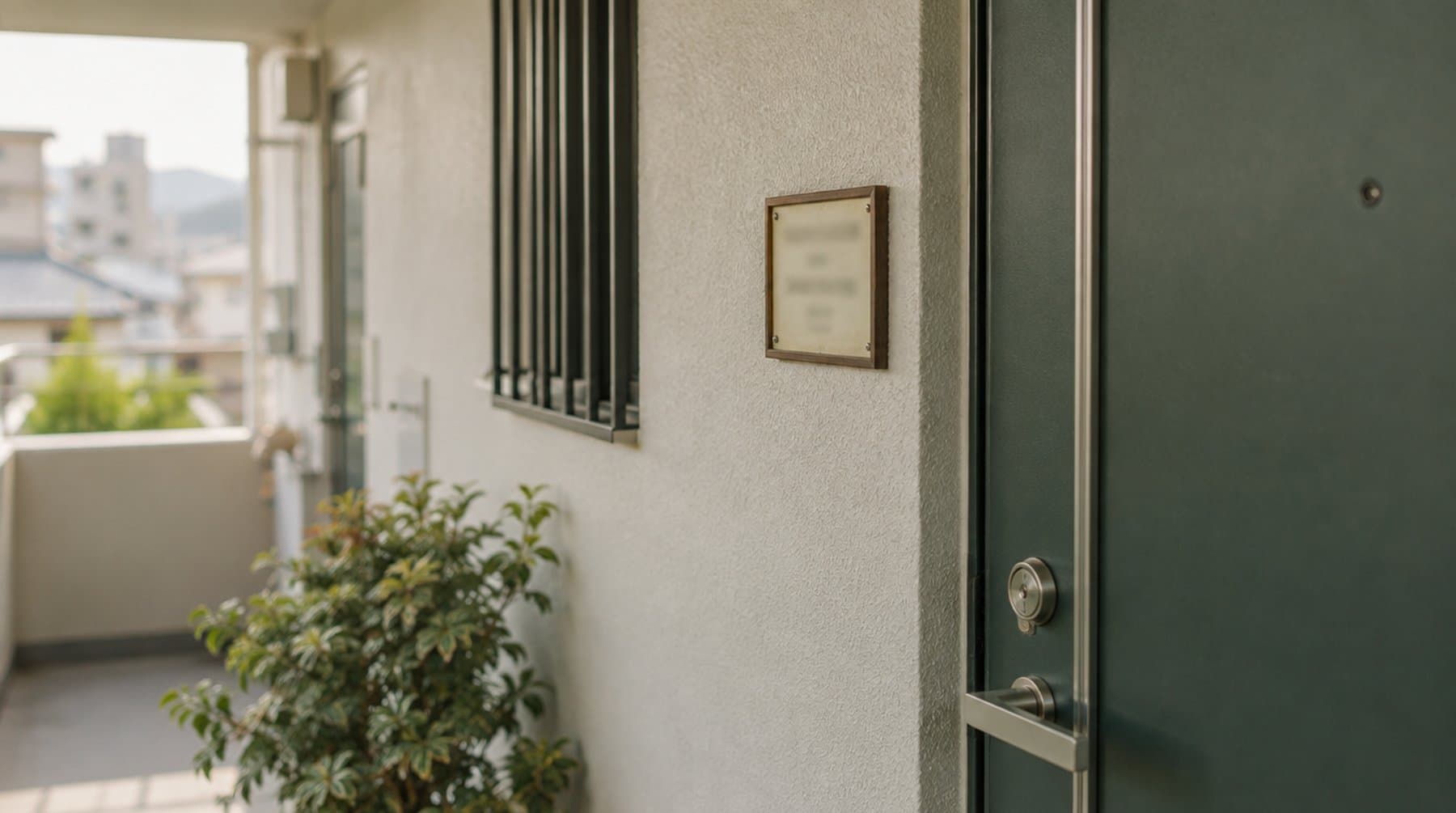 A small framed plaque beside an apartment entrance