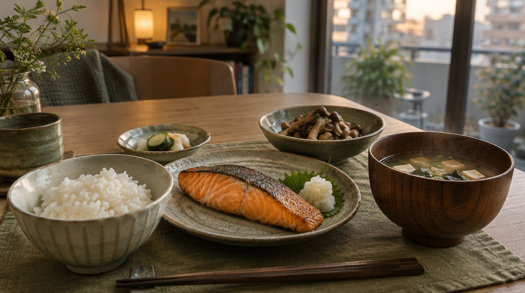 A home-cooked dinner of grilled salmon, rice and miso soup
