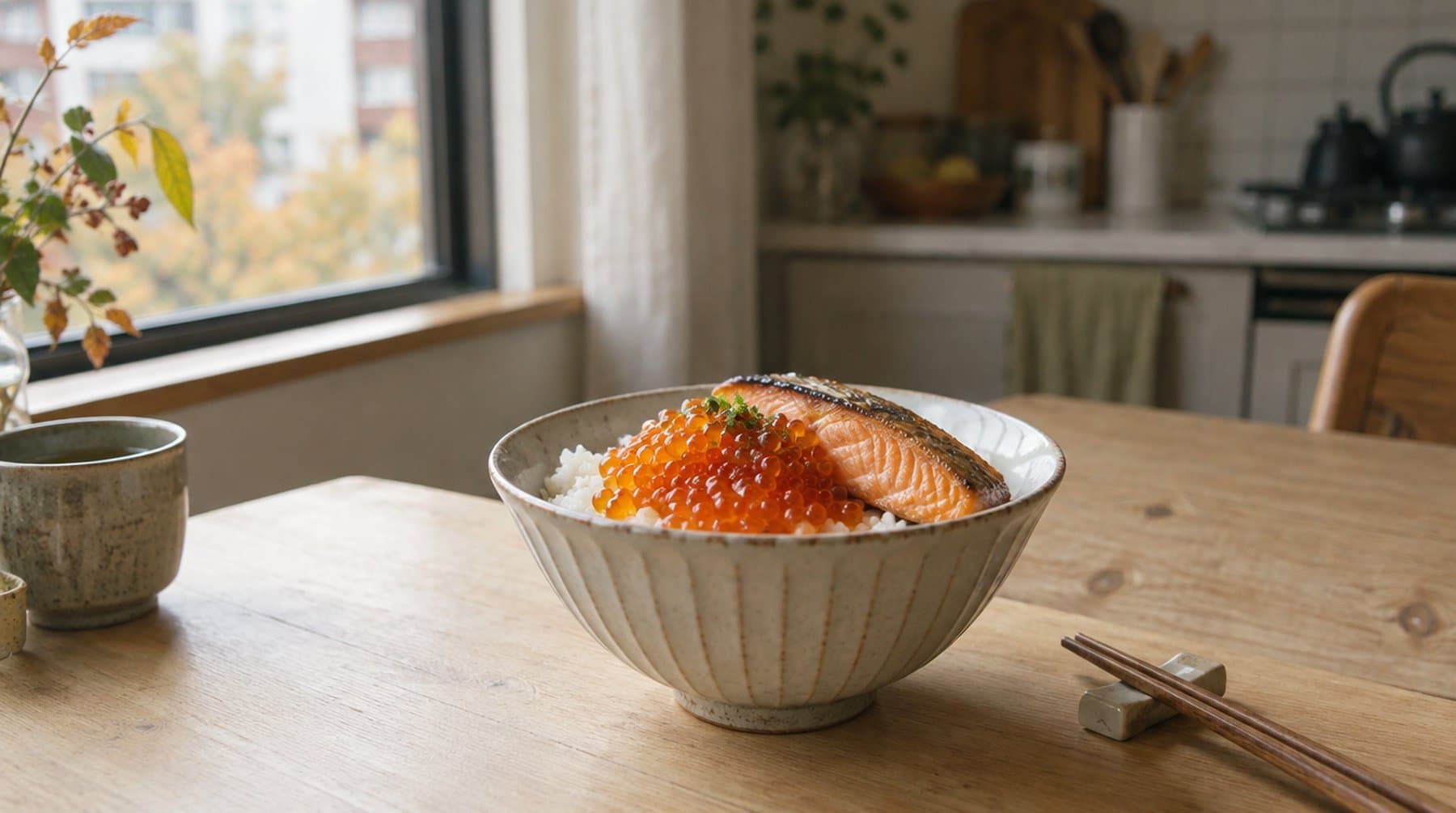 A bowl of rice topped with salmon roe on a wooden table by a window