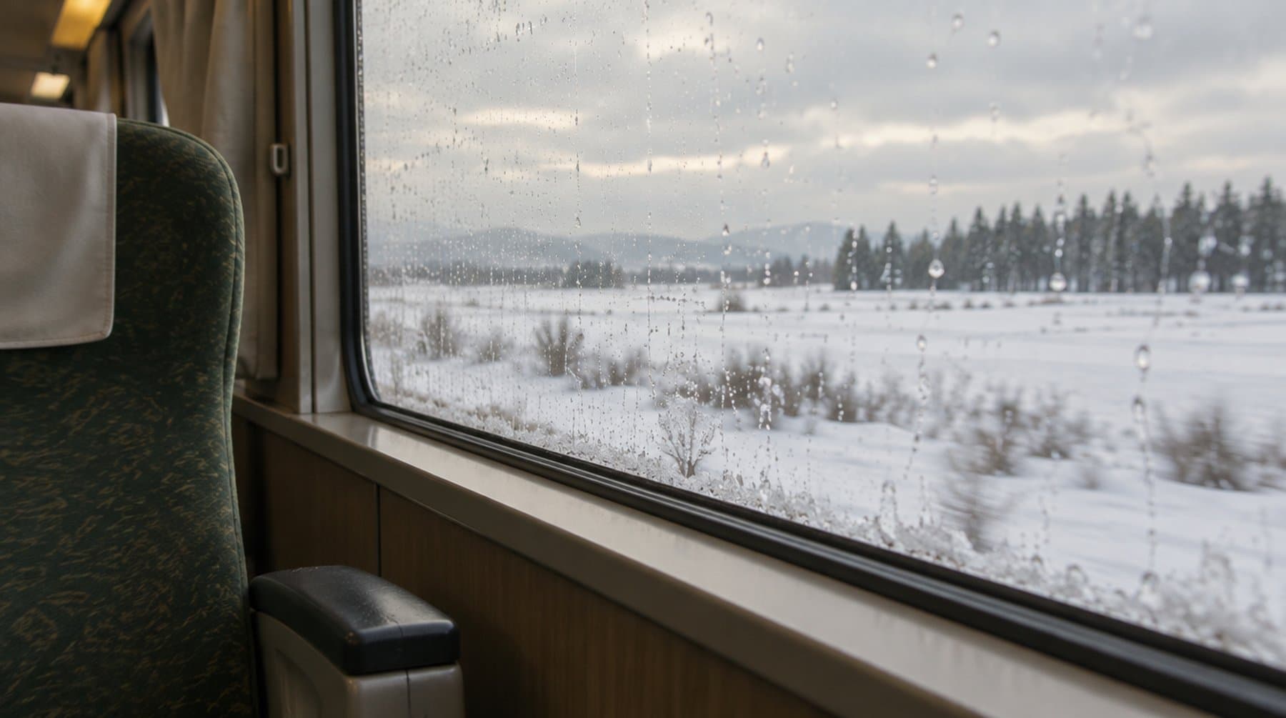 Snow melting on a train window above a white Hokkaido plain