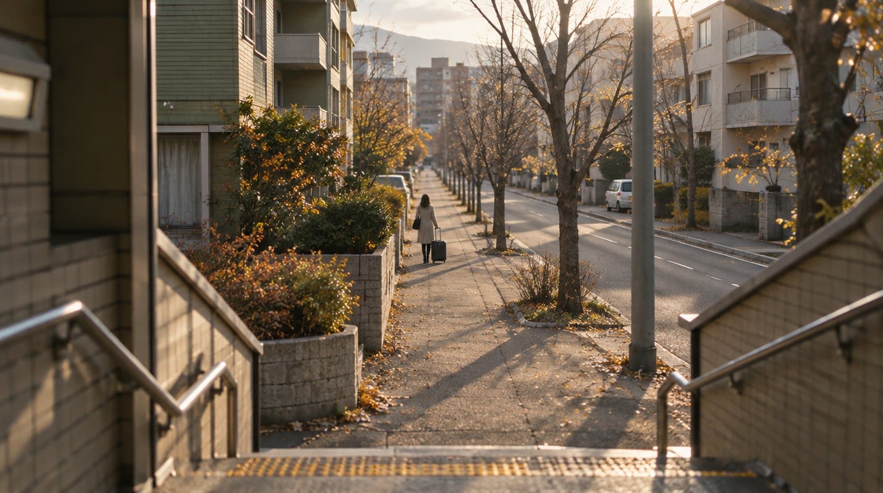 A quiet residential street in northern Sapporo seen from a subway exit