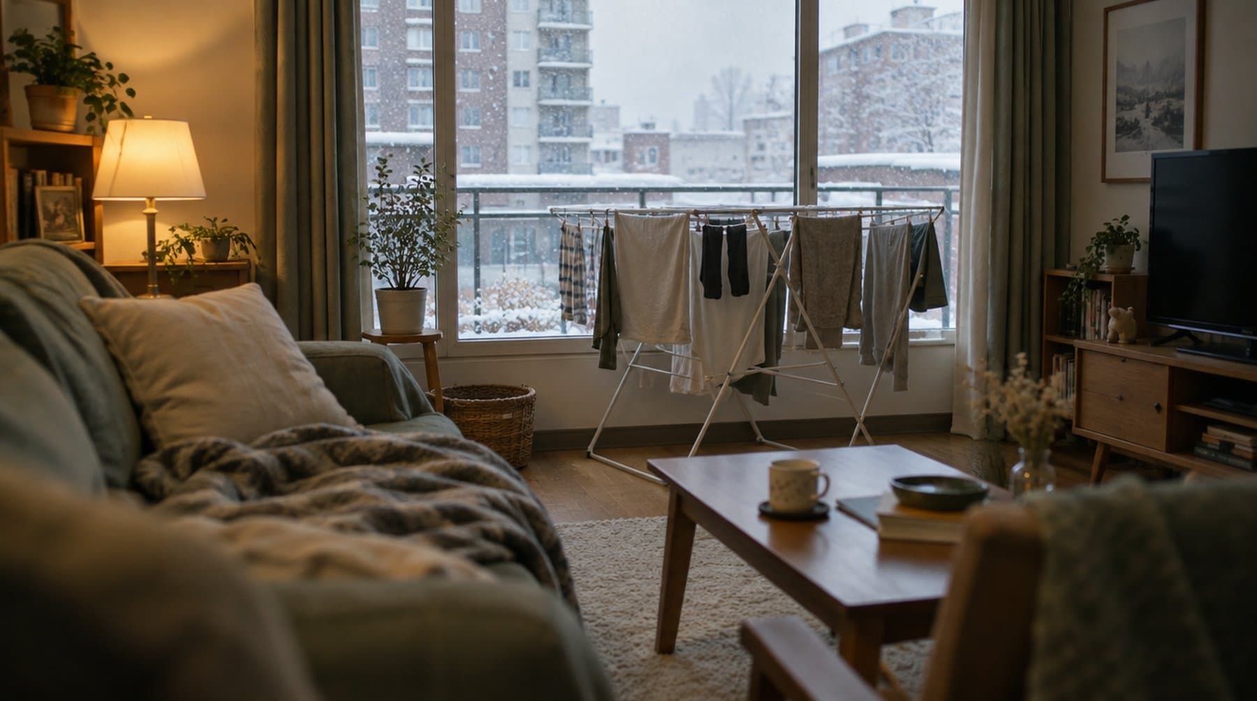 A living room in winter with laundry drying, snow falling outside