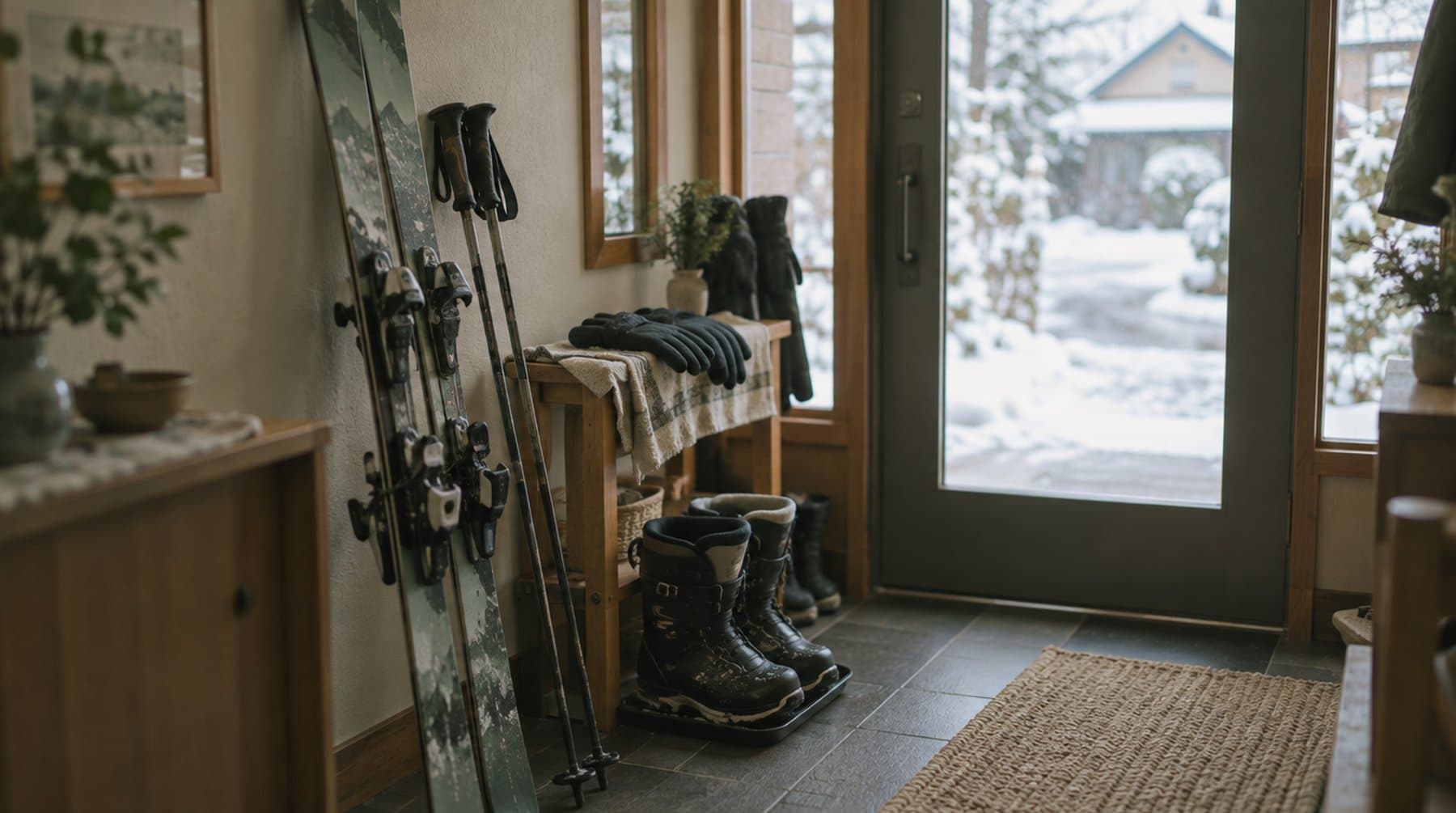Skis and snow boots drying in an apartment entryway