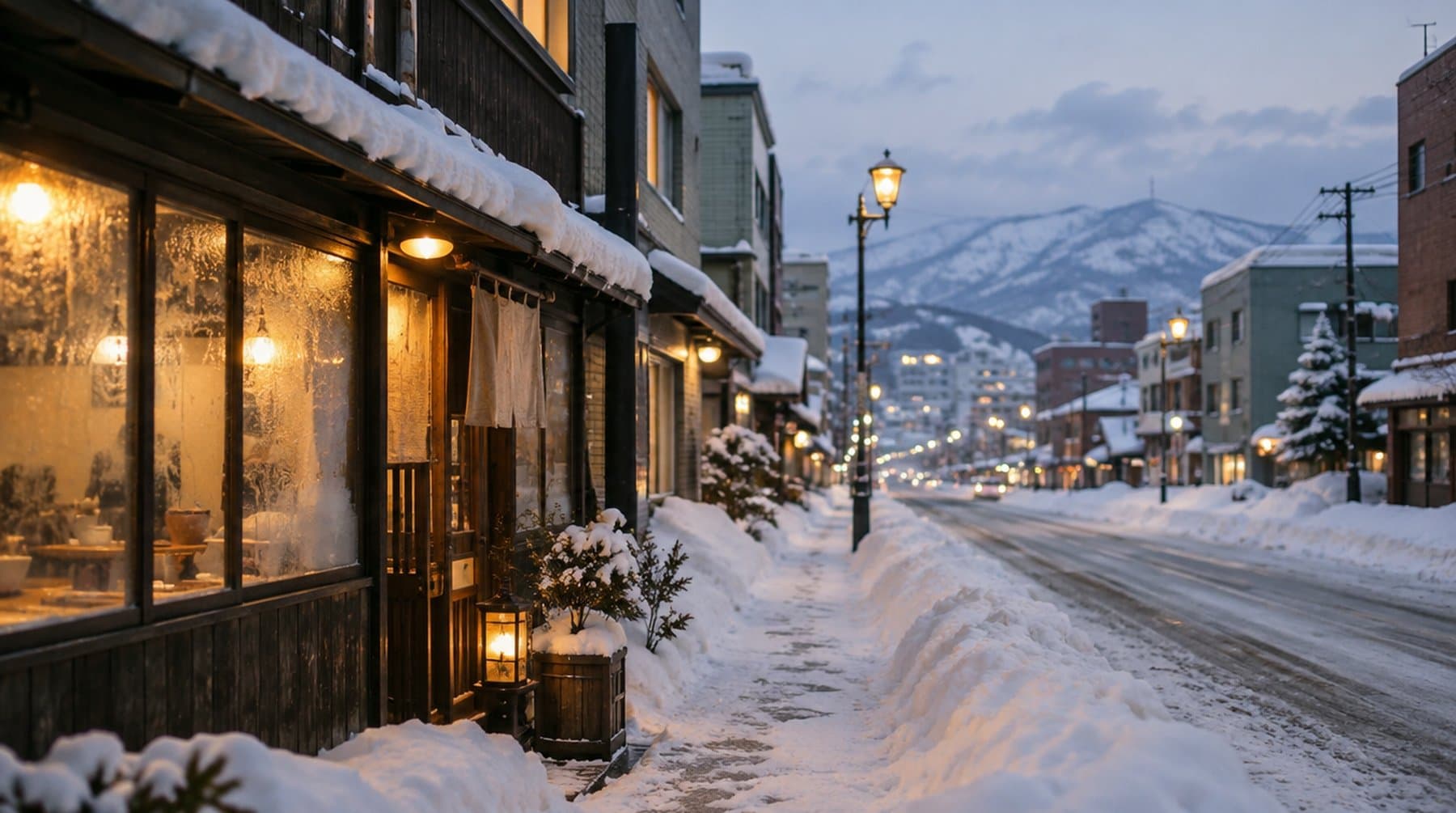 A snowy city street at dusk with warm restaurant windows