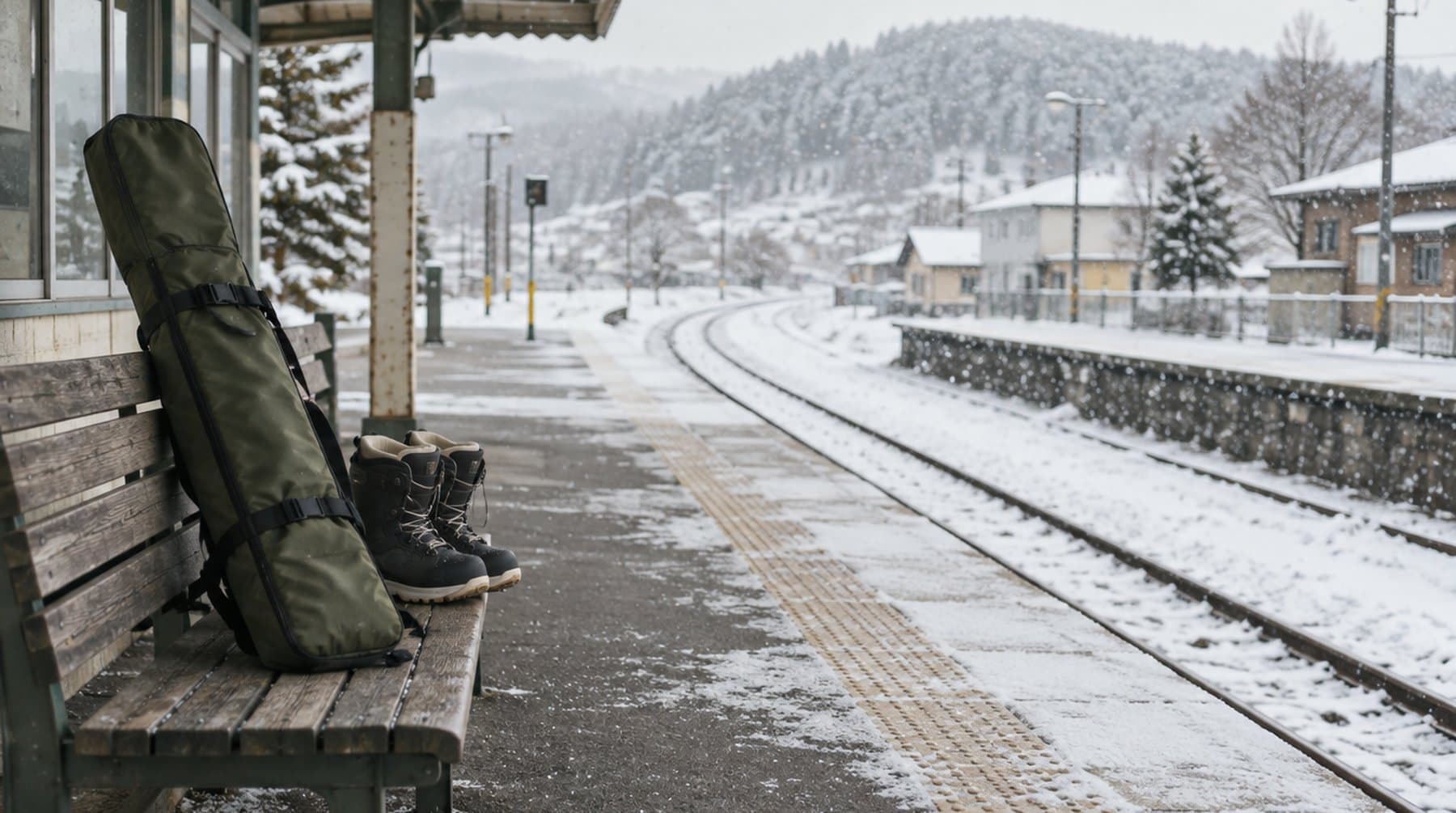A ski bag and boots on a bench at a snowy station platform
