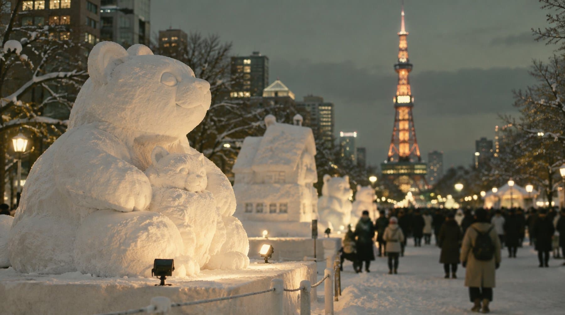 Snow sculptures lit at night in Odori Park with the TV tower behind