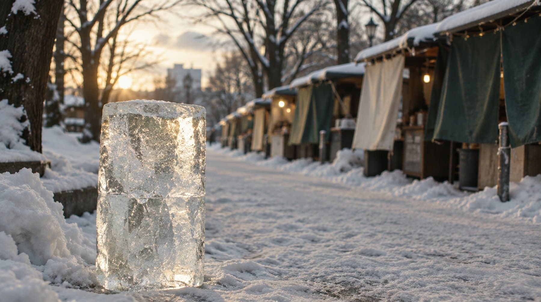 A single block of carved ice on a snowy street at dusk, food stalls behind