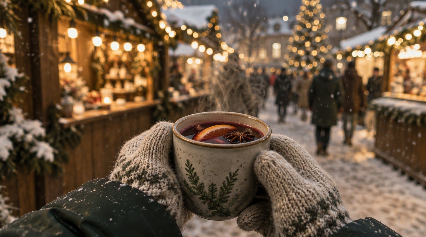 Gloved hands holding a steaming mug at an outdoor Christmas market at night