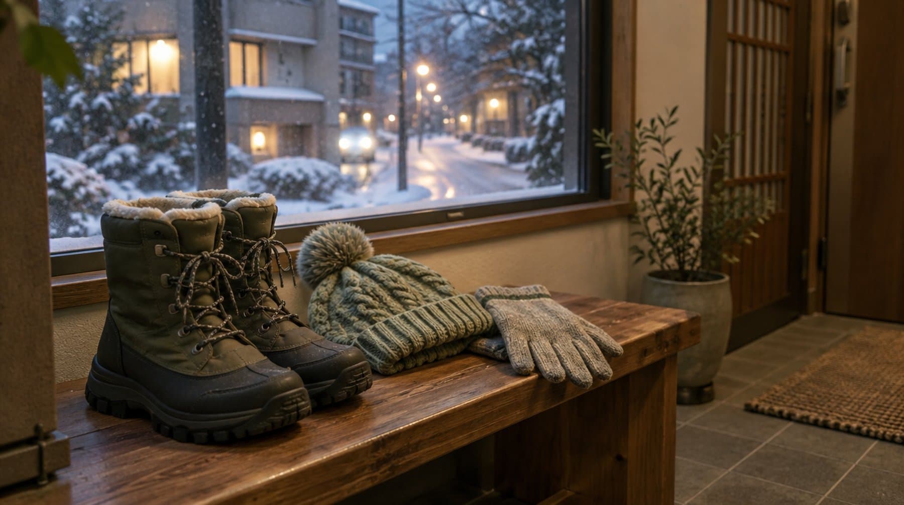 Insulated winter boots, a knitted hat and gloves on a bench by a door, a snowy street outside