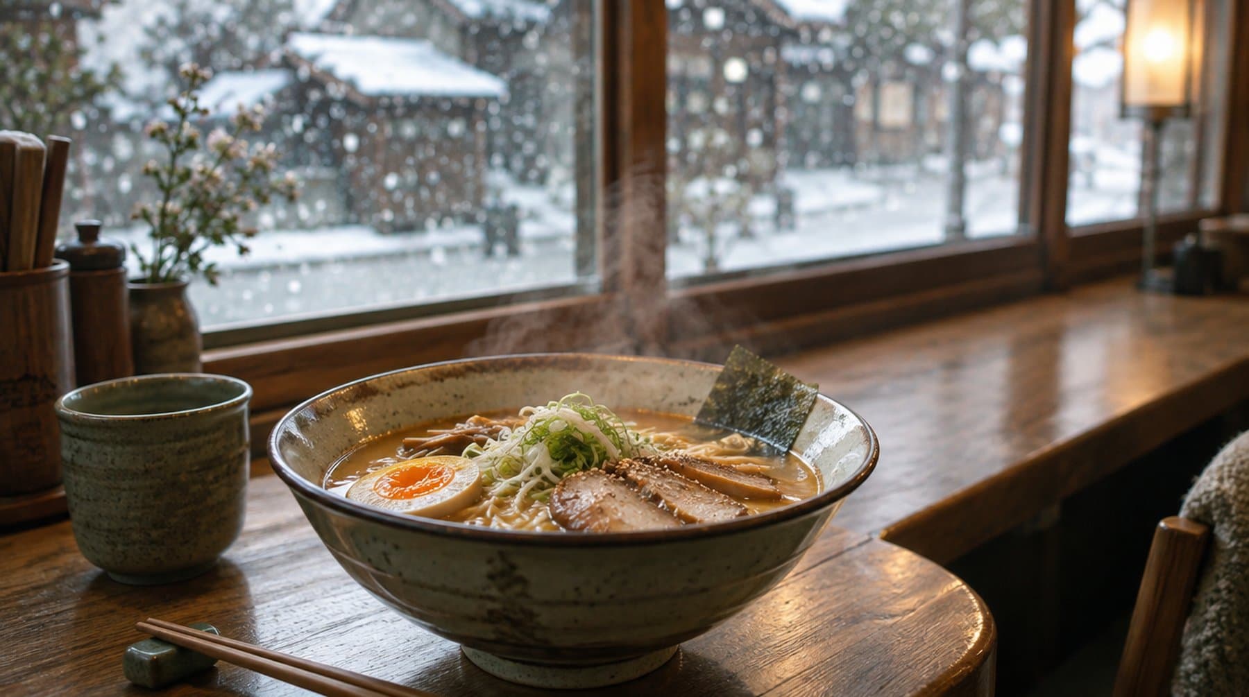 雪の降る窓辺の味噌ラーメン
