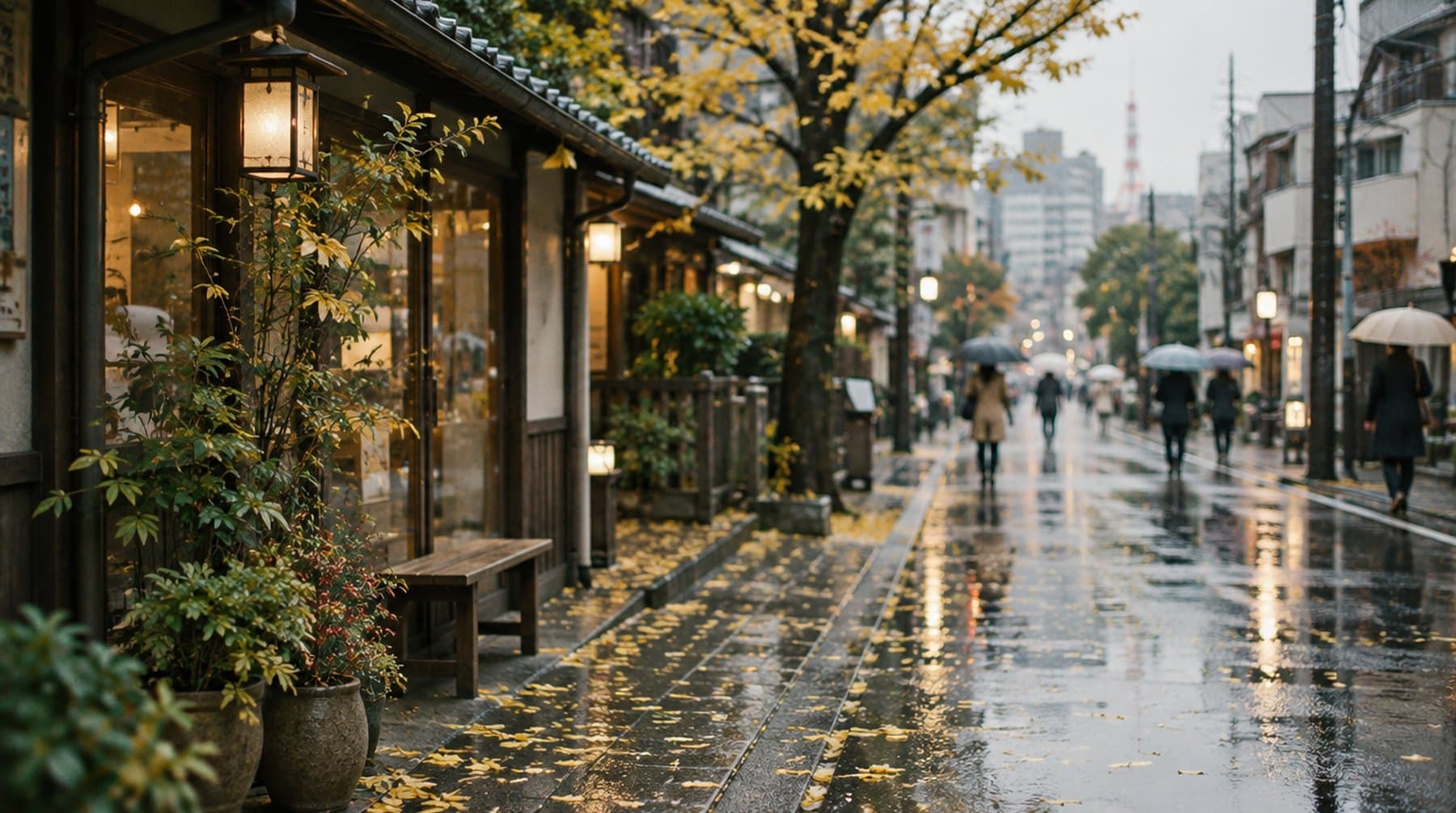 A rainy Tokyo street in late autumn with fallen ginkgo leaves