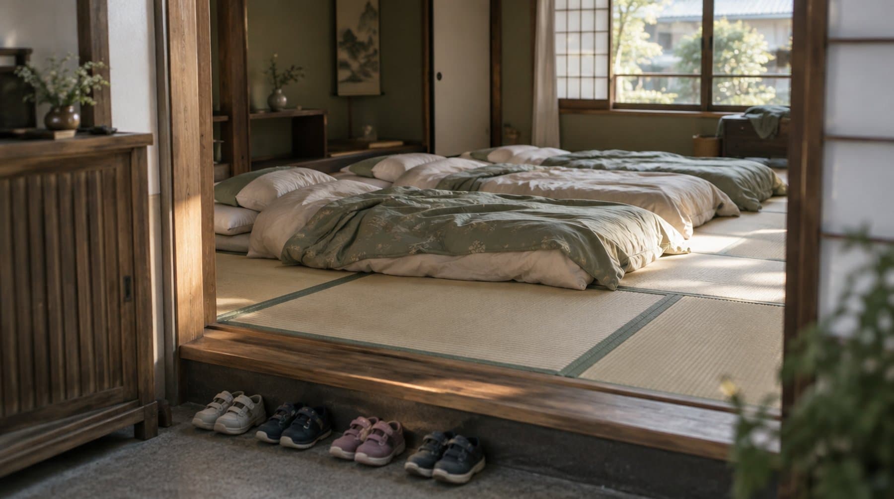 A tatami room with futons laid out and children's shoes at the entrance