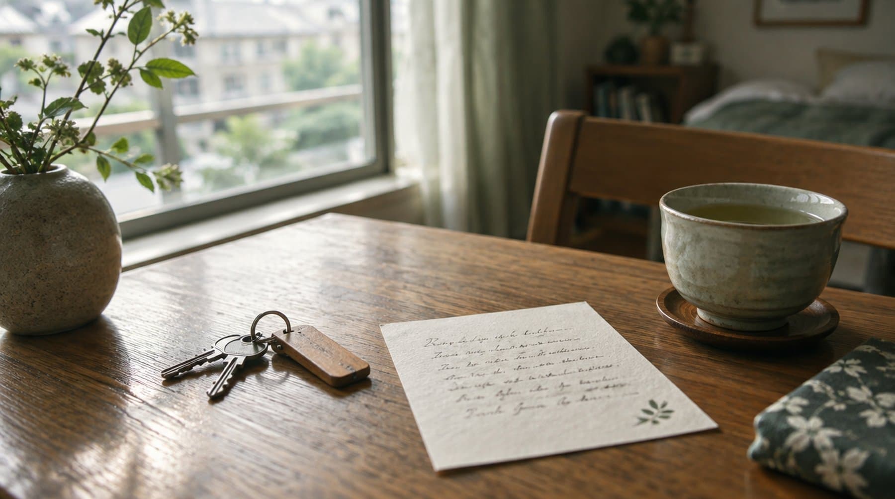 Apartment keys and a handwritten welcome note on a wooden table