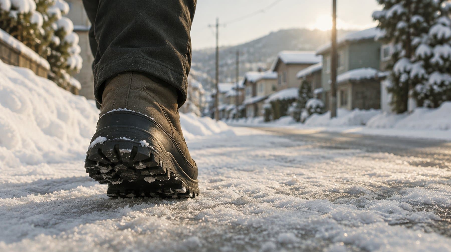 A winter boot with a deep rubber tread on a packed-snow pavement in low winter sun