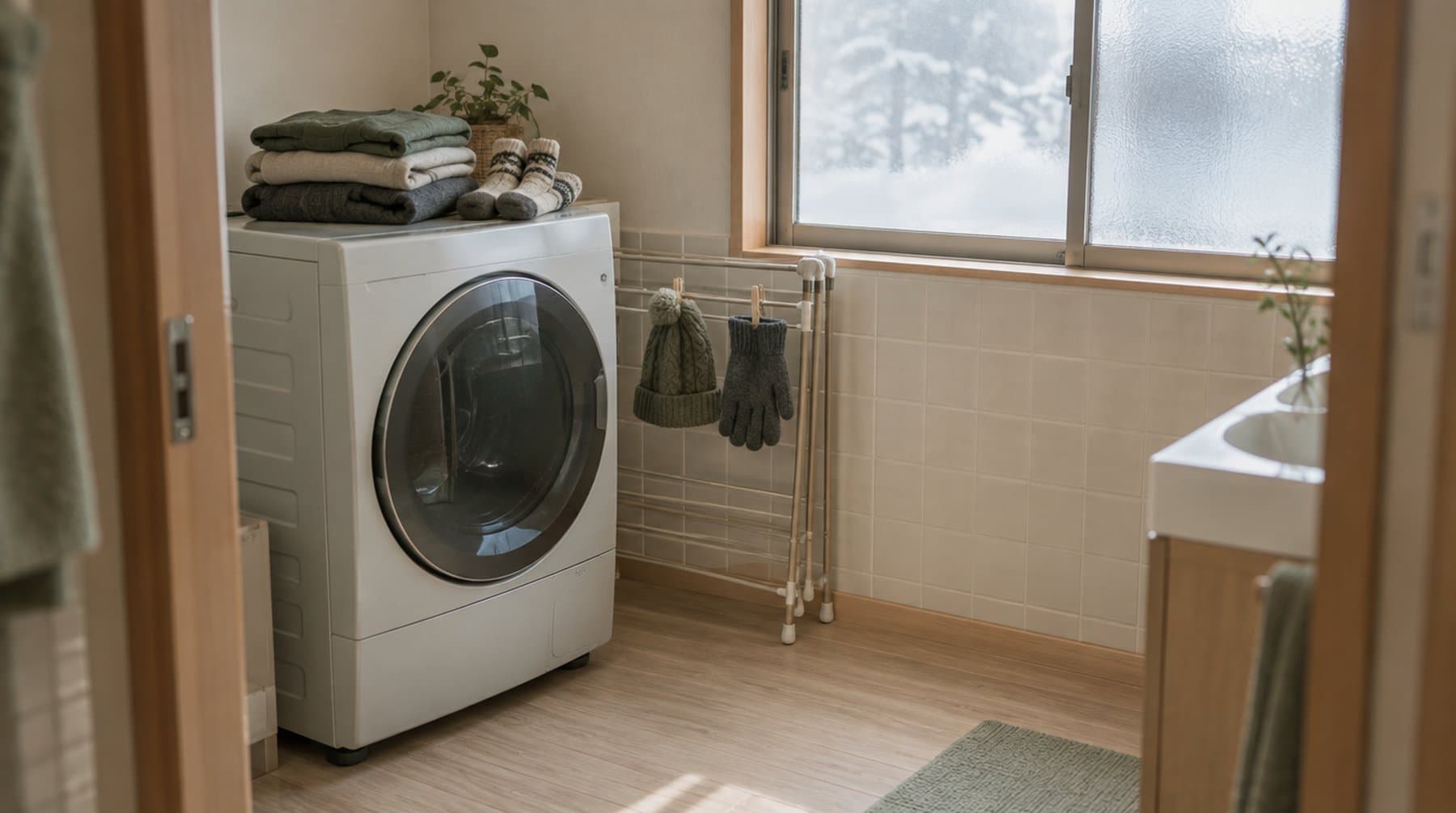 Folded base layers stacked on a compact washer-dryer, with a knit hat drying on a rack beside it