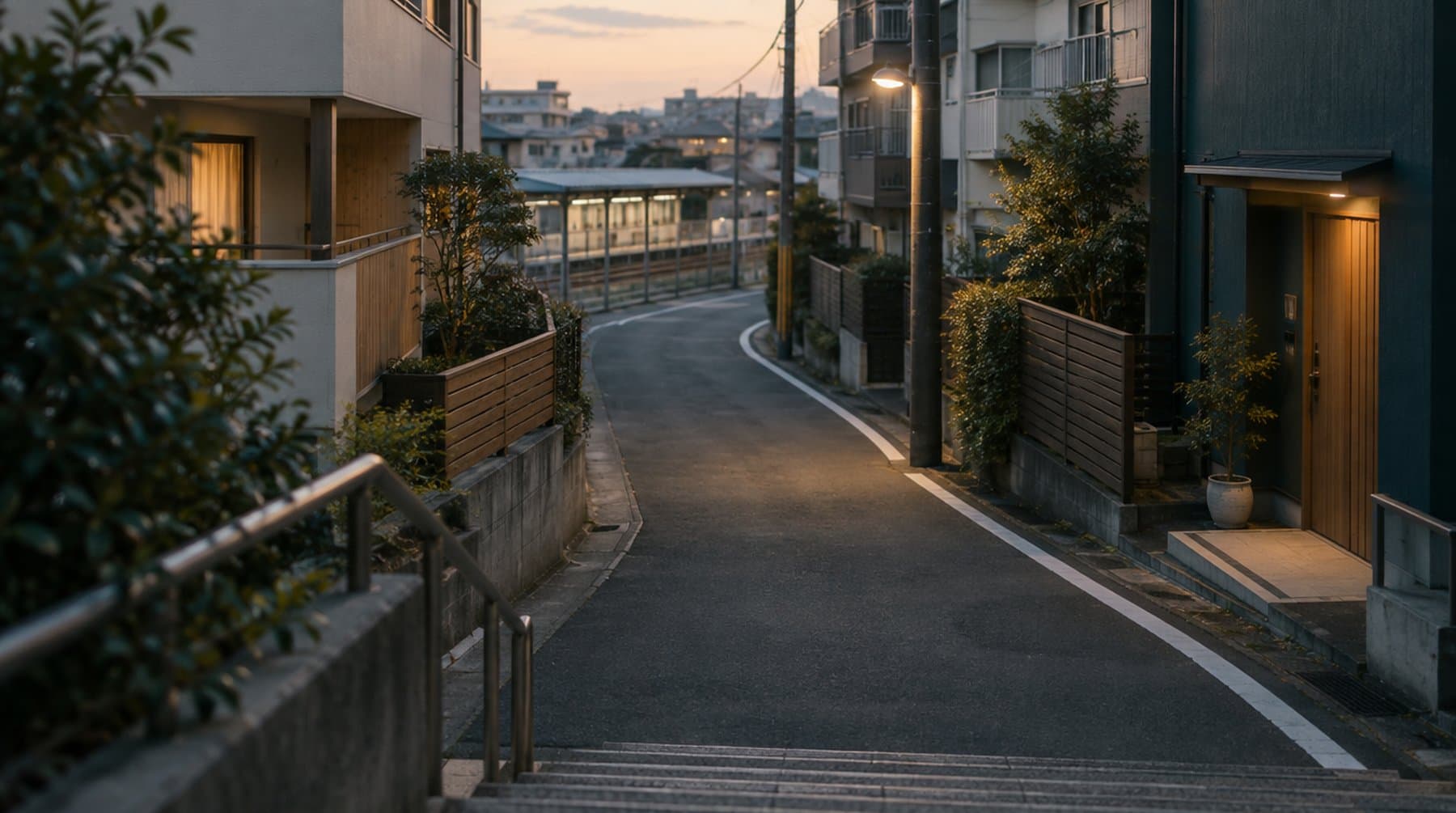 夕暮れの住宅街、低い建物のあいだをまっすぐ伸びる人通りのない細い道