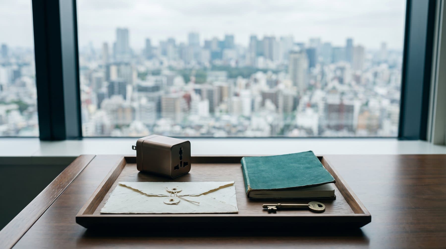 A desk with a key and documents, Tokyo skyline beyond the window