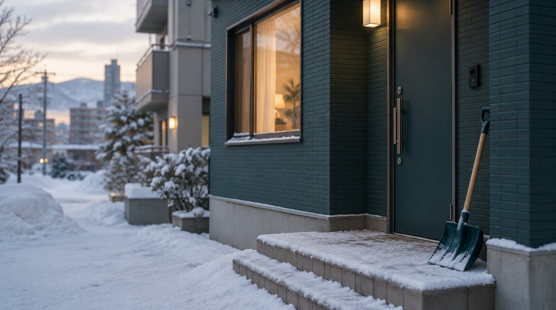 雪の積もった玄関前に立てかけられた雪かきスコップ