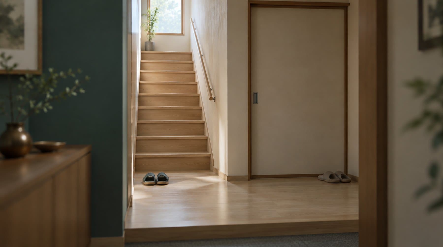 二階建ての家の玄関ホール。階段の下と1階の引き戸の前に、スリッパが1組ずつ置かれている