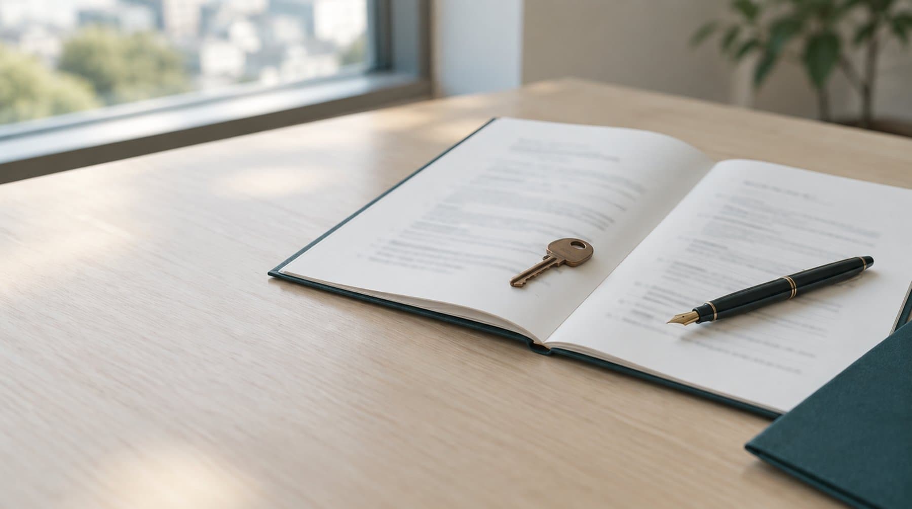 窓辺の机に開かれた契約書と、その上に置かれた鍵