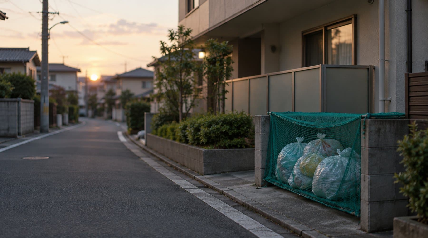 夕暮れの住宅街、ネットの掛かったごみ集積所