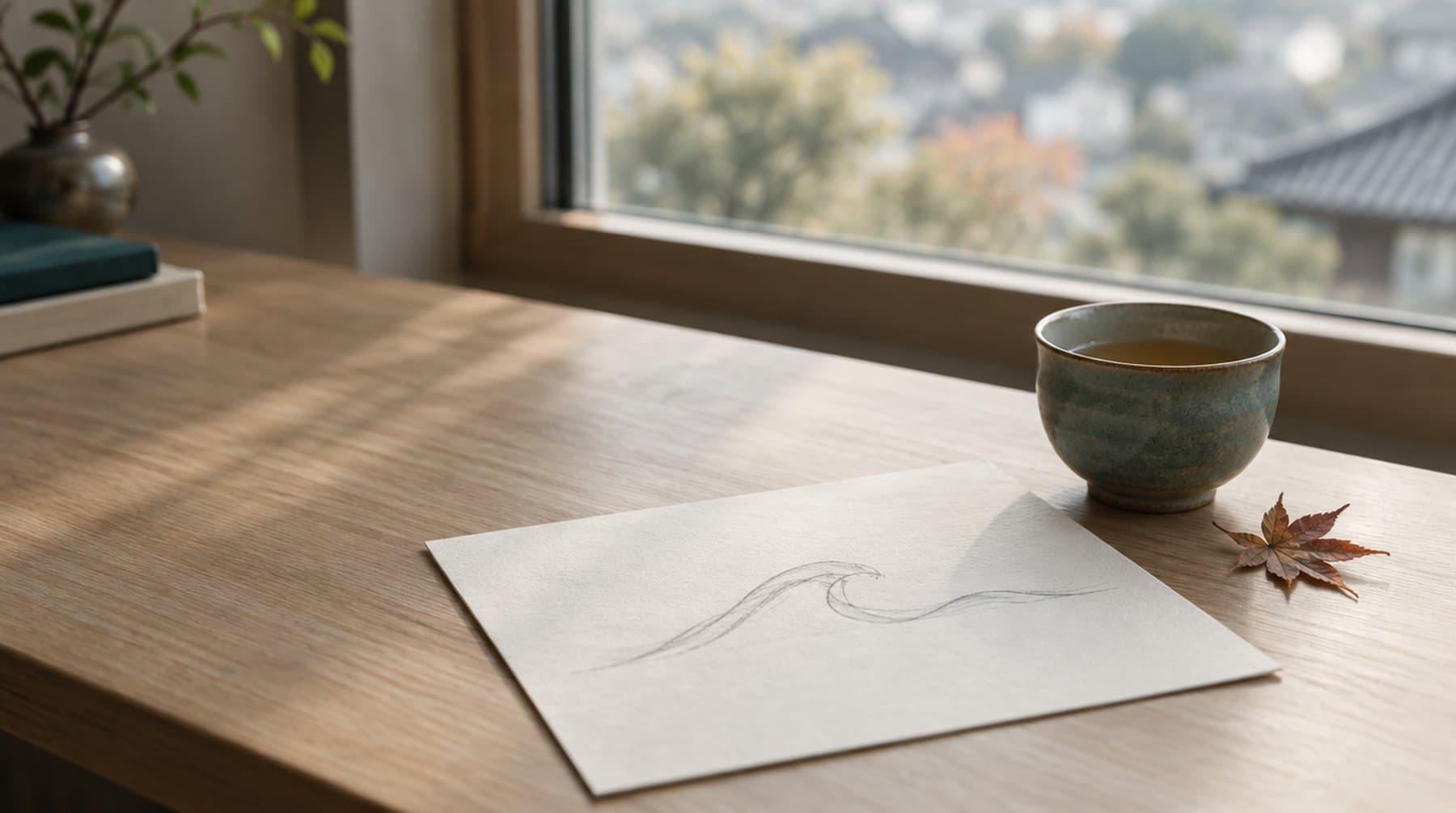 机の上の手描きの曲線が描かれた紙と湯のみ