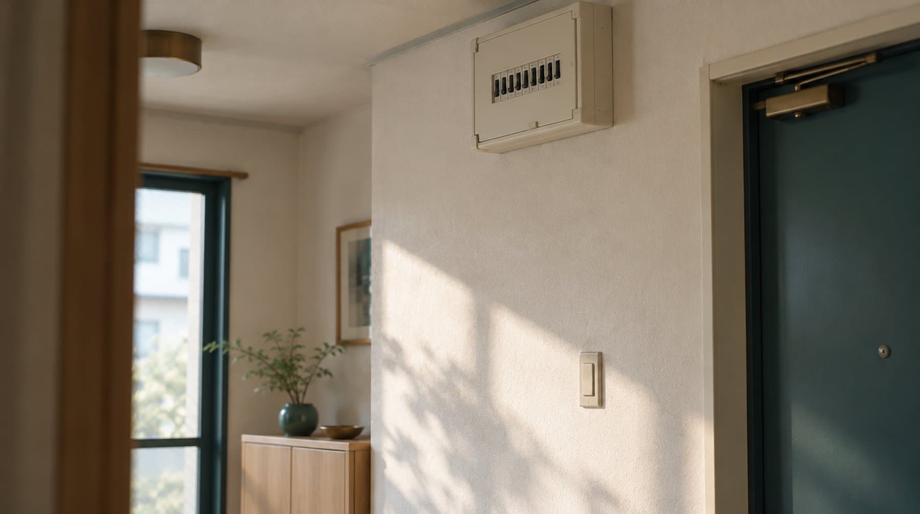 玄関の壁に取り付けられた分電盤