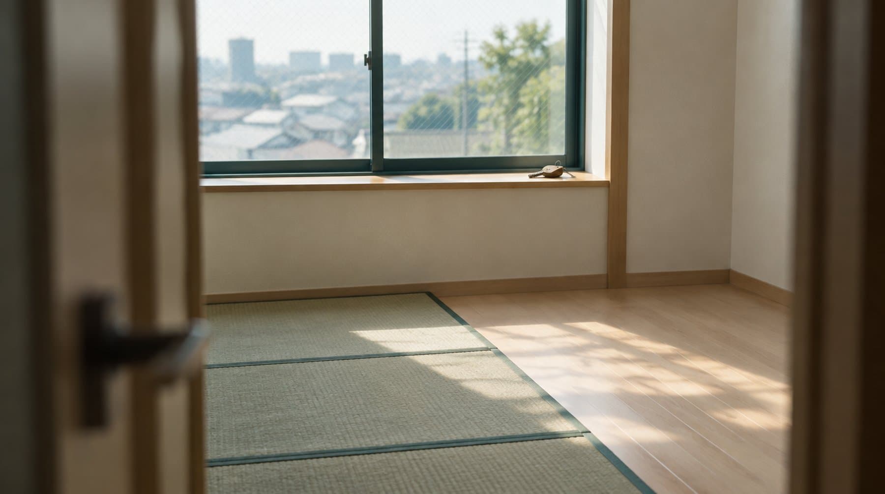 戸口から見た、窓辺に鍵が一つ置かれた空き部屋