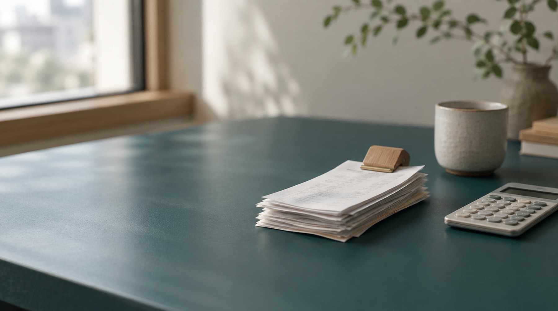 机の上に積まれた領収書と電卓