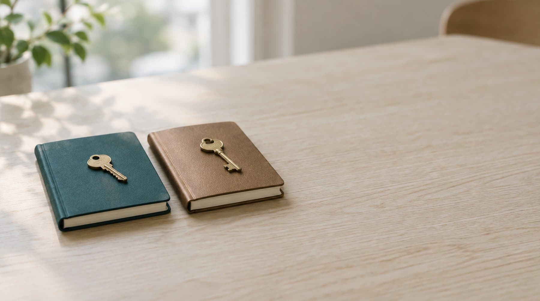 Two notebooks side by side on a wooden table, each with a key on top