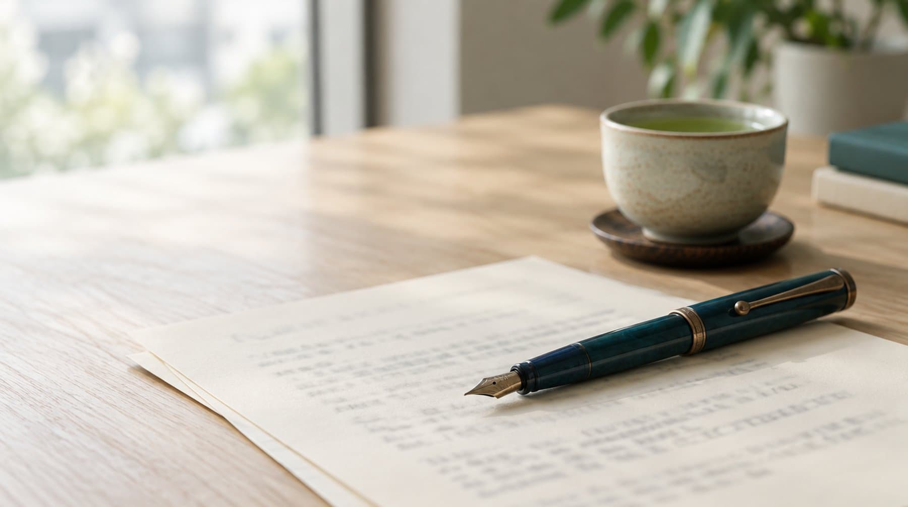 A fountain pen resting on papers beside a cup of green tea